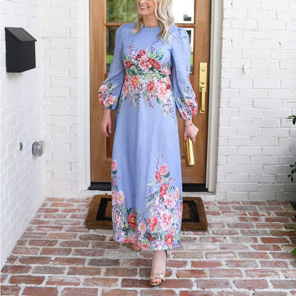 Zimmermann Long Sleeved Blue Floral Maxi Dress With Scalloped Neckline